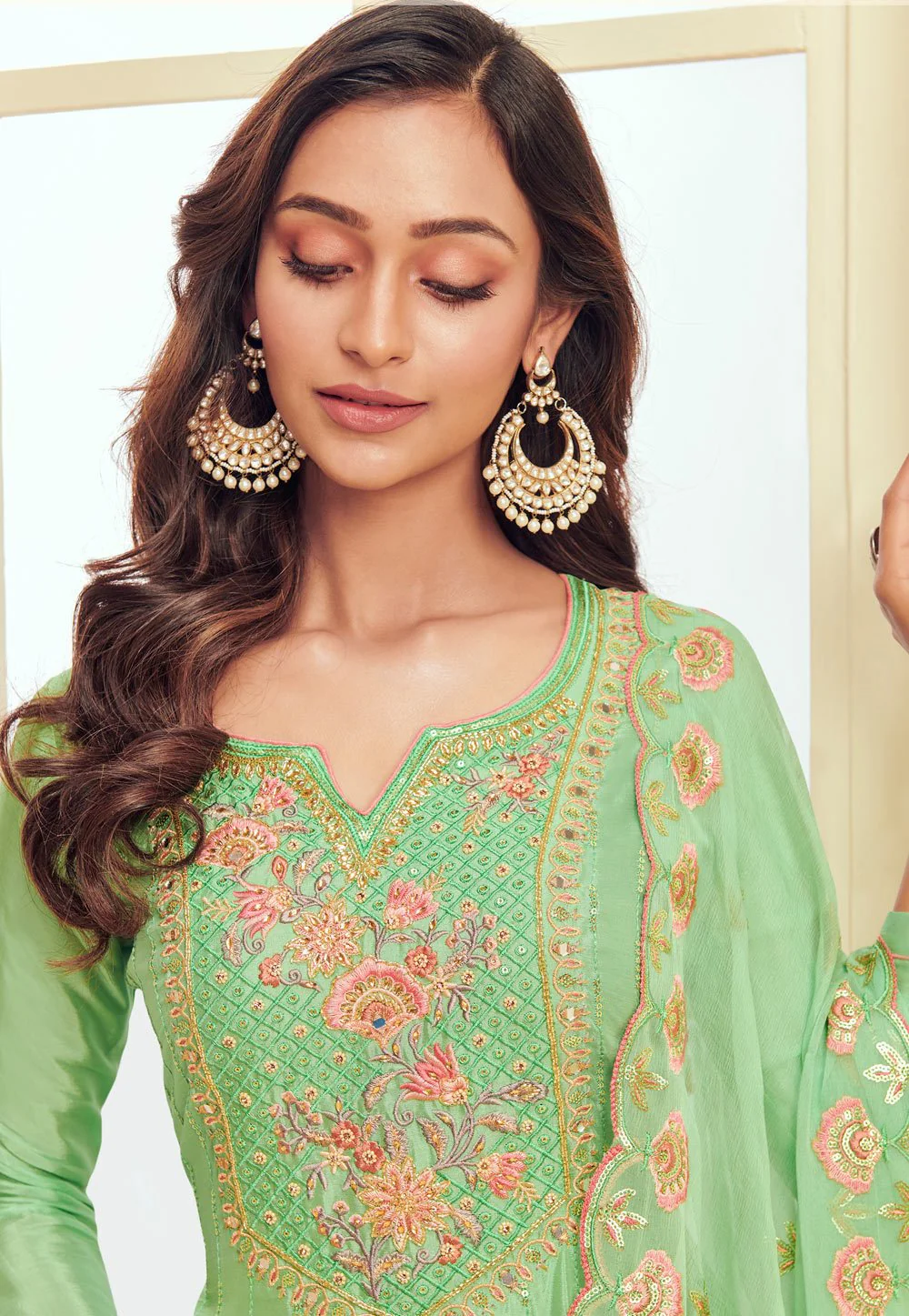 Seafoam Green Pakistani Style Embroidered Suit - Image 3