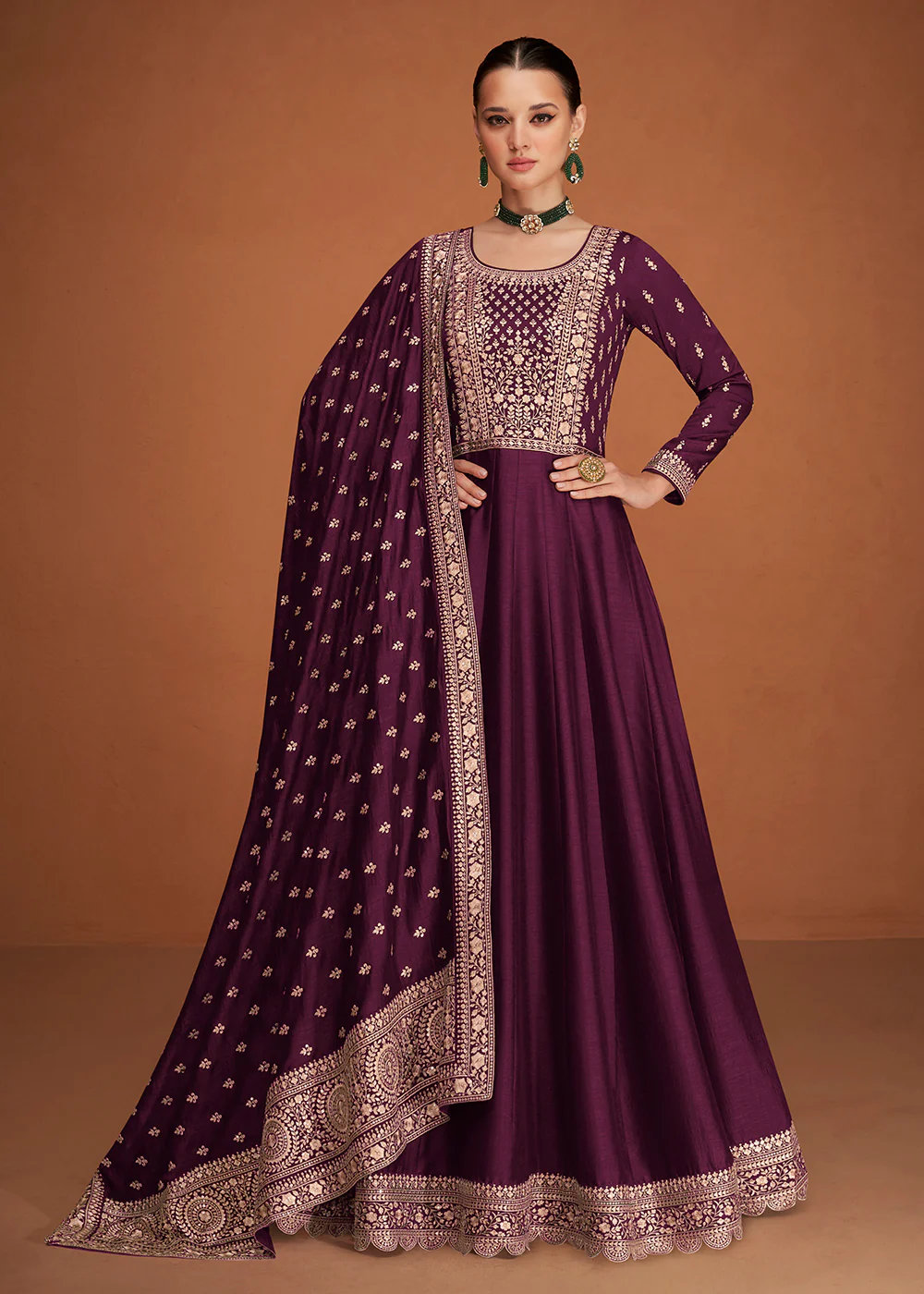 Seductive Plum Wine Silk Embroidered Party Wear Anarkali