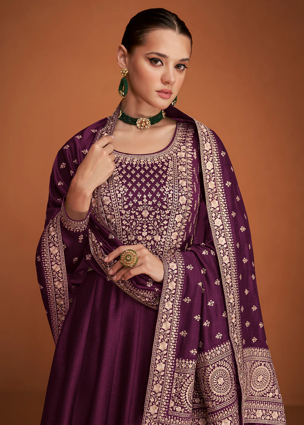 Seductive Plum Wine Silk Embroidered Party Wear Anarkali - Image 2