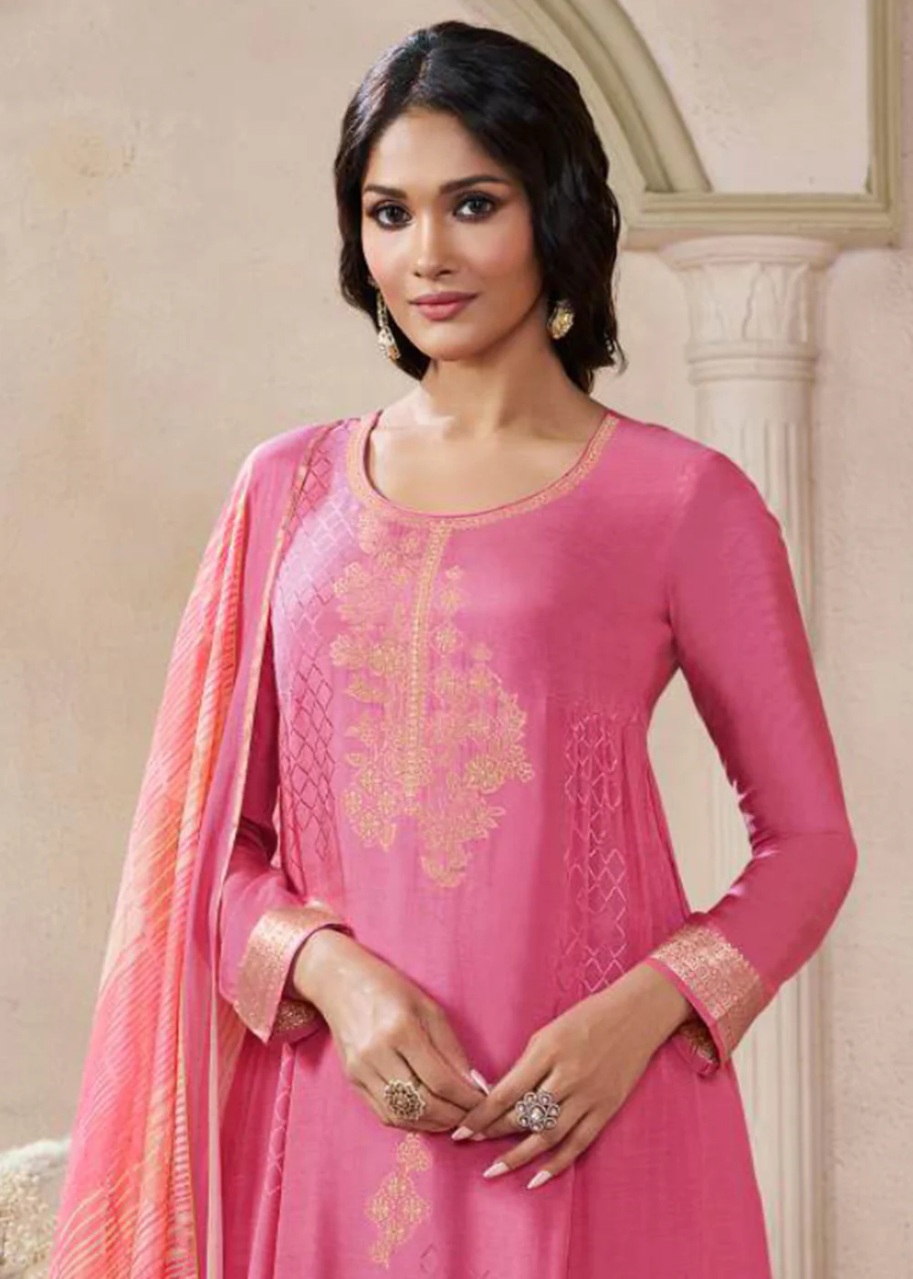 Self Weaved Muslin Rose Festive Salwar Kameez - Image 2