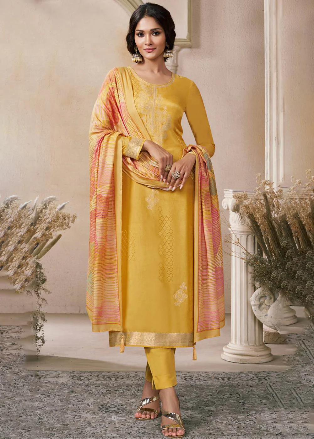 Self Weaved Muslin Yellow Festive Salwar Kameez