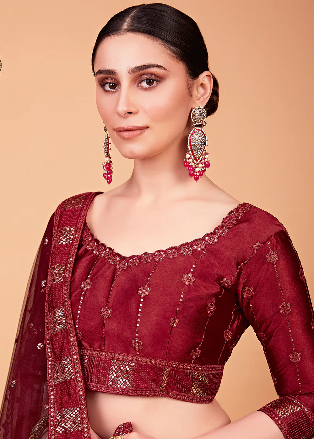 Sensational Red Multi Thread & Sequins Cocktail Party Lehenga - Image 2