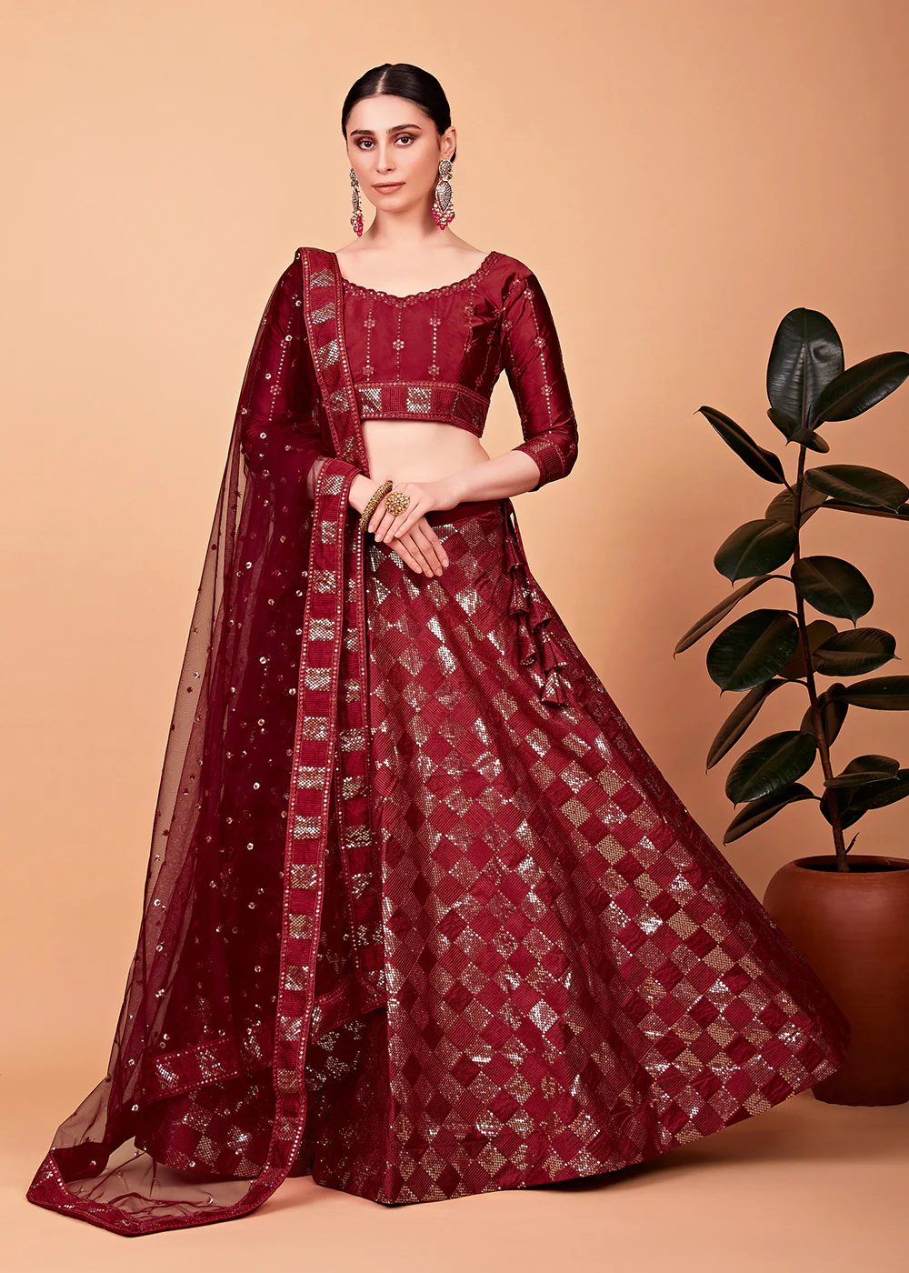 Sensational Red Multi Thread & Sequins Cocktail Party Lehenga - Image 4
