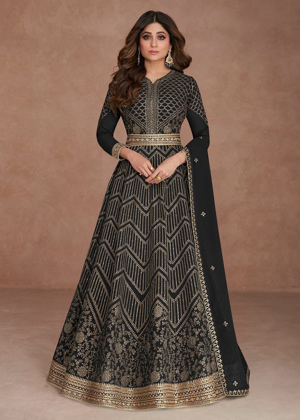 Sequined Embroidered Black Shamita Shetty Anarkali Gown