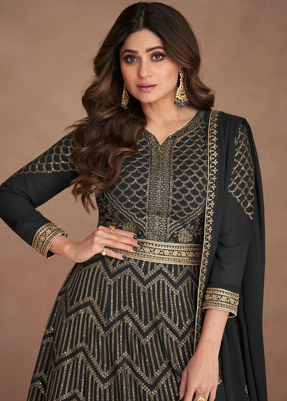 Sequined Embroidered Black Shamita Shetty Anarkali Gown - Image 2