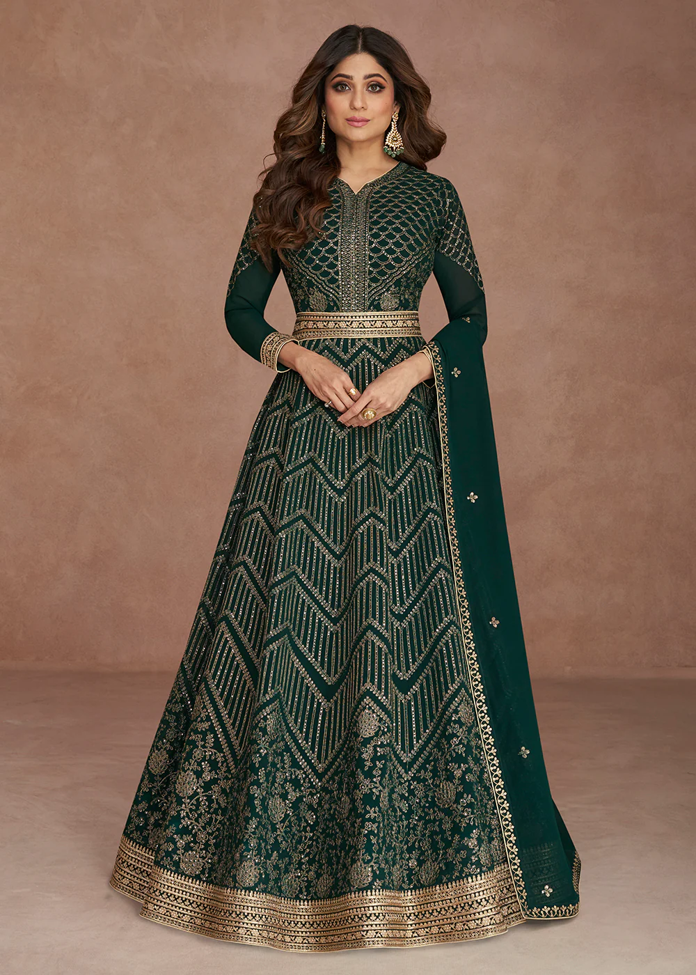 Sequined Embroidered Dark Green Shamita Shetty Anarkali Gown