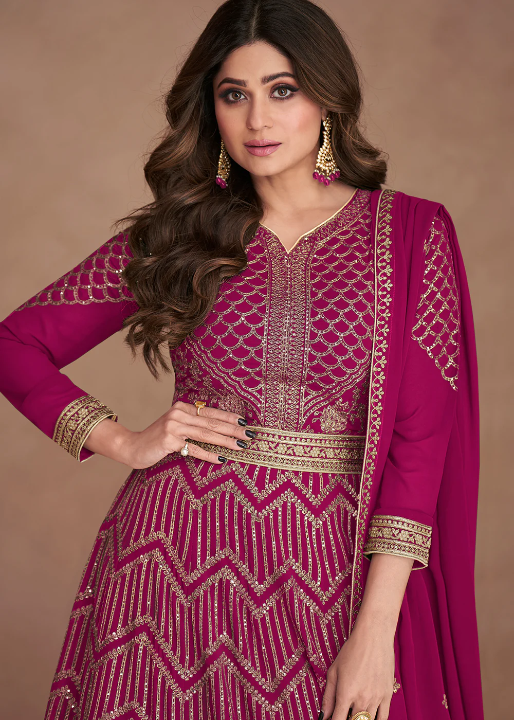 Sequined Embroidered Hot Pink Shamita Shetty Anarkali Gown - Image 2