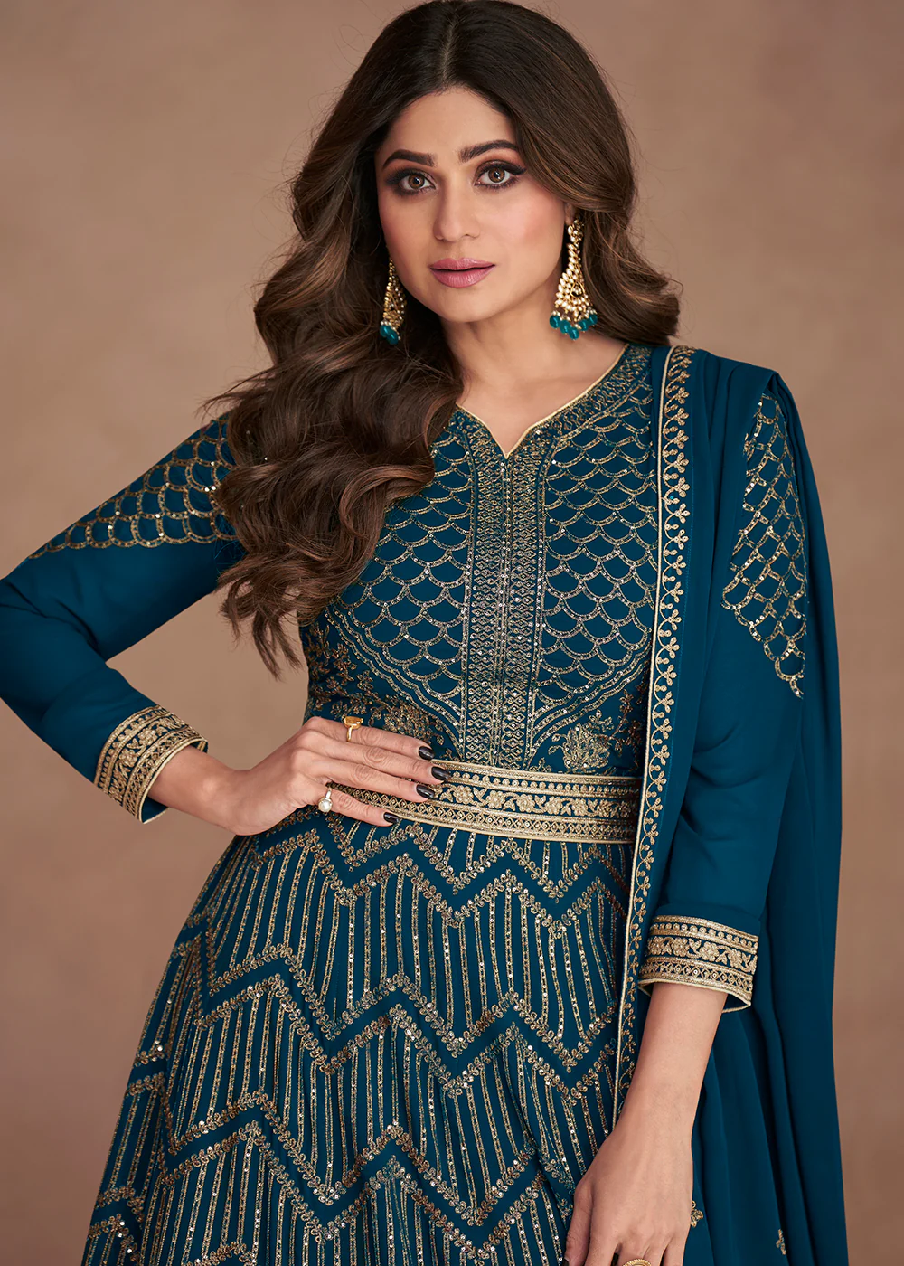 Sequined Embroidered Teal Blue Shamita Shetty Anarkali Gown - Image 2
