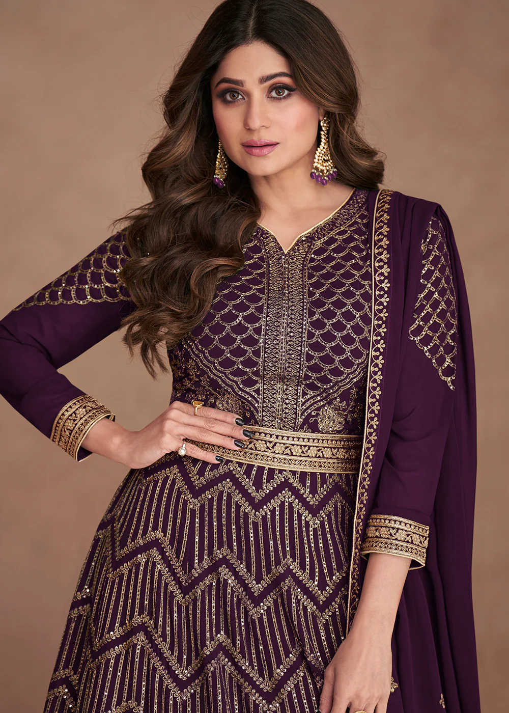 Sequined Embroidered Wine Plum Shamita Shetty Anarkali Gown - Image 2