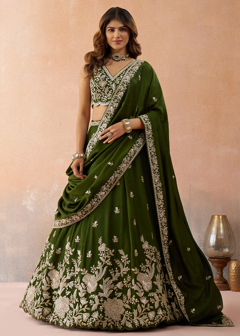 Sequins & Cording Threads Olive Tissue Lehenga Choli