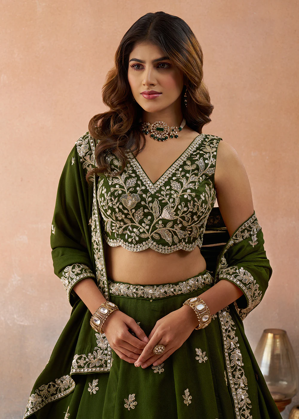 Sequins & Cording Threads Olive Tissue Lehenga Choli - Image 2