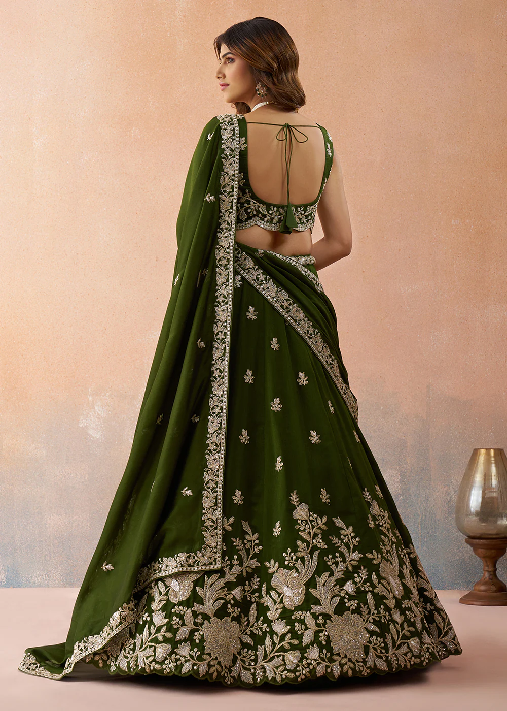Sequins & Cording Threads Olive Tissue Lehenga Choli - Image 3