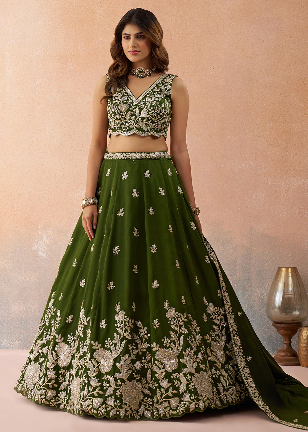 Sequins & Cording Threads Olive Tissue Lehenga Choli - Image 4