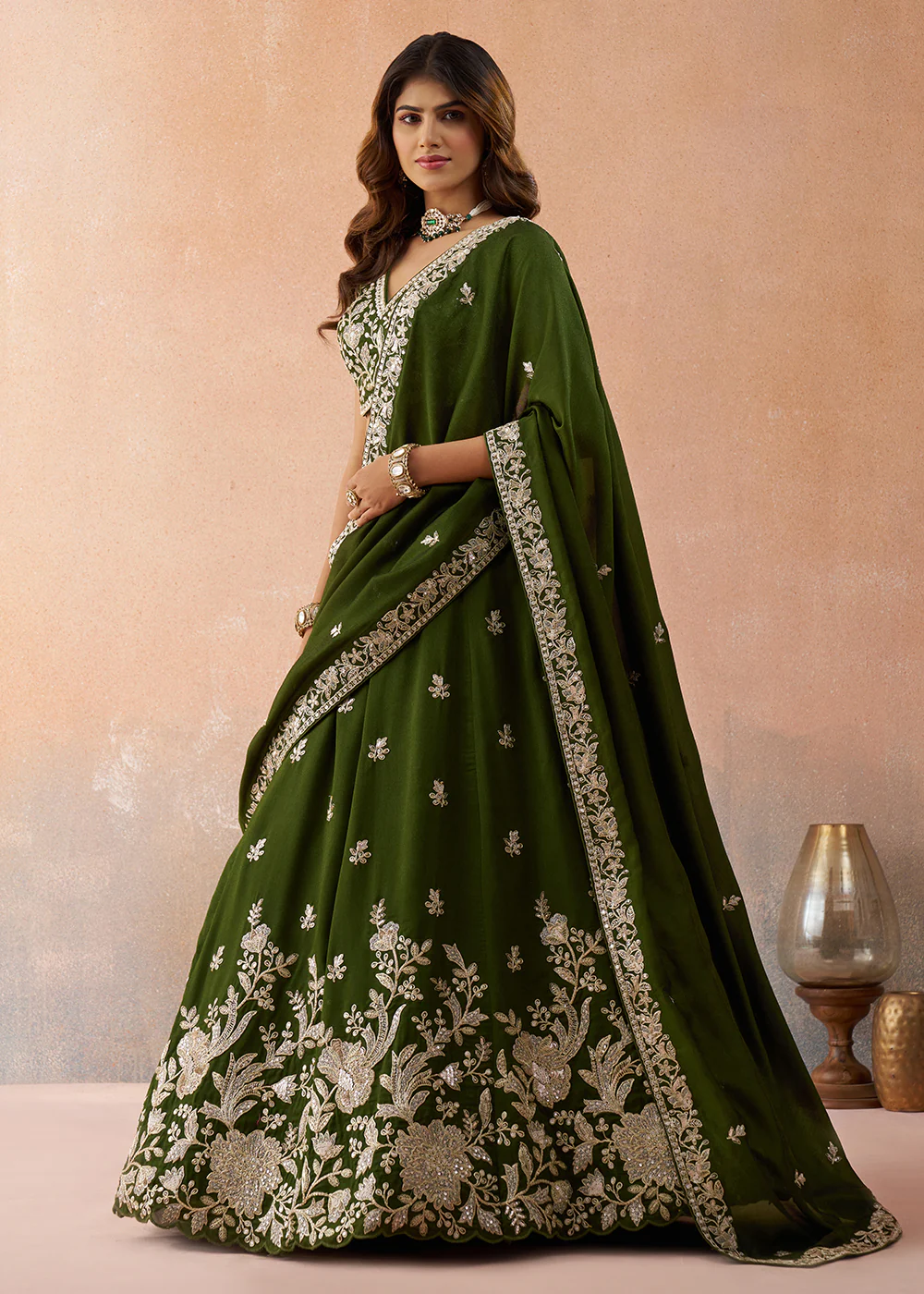 Sequins & Cording Threads Olive Tissue Lehenga Choli - Image 5