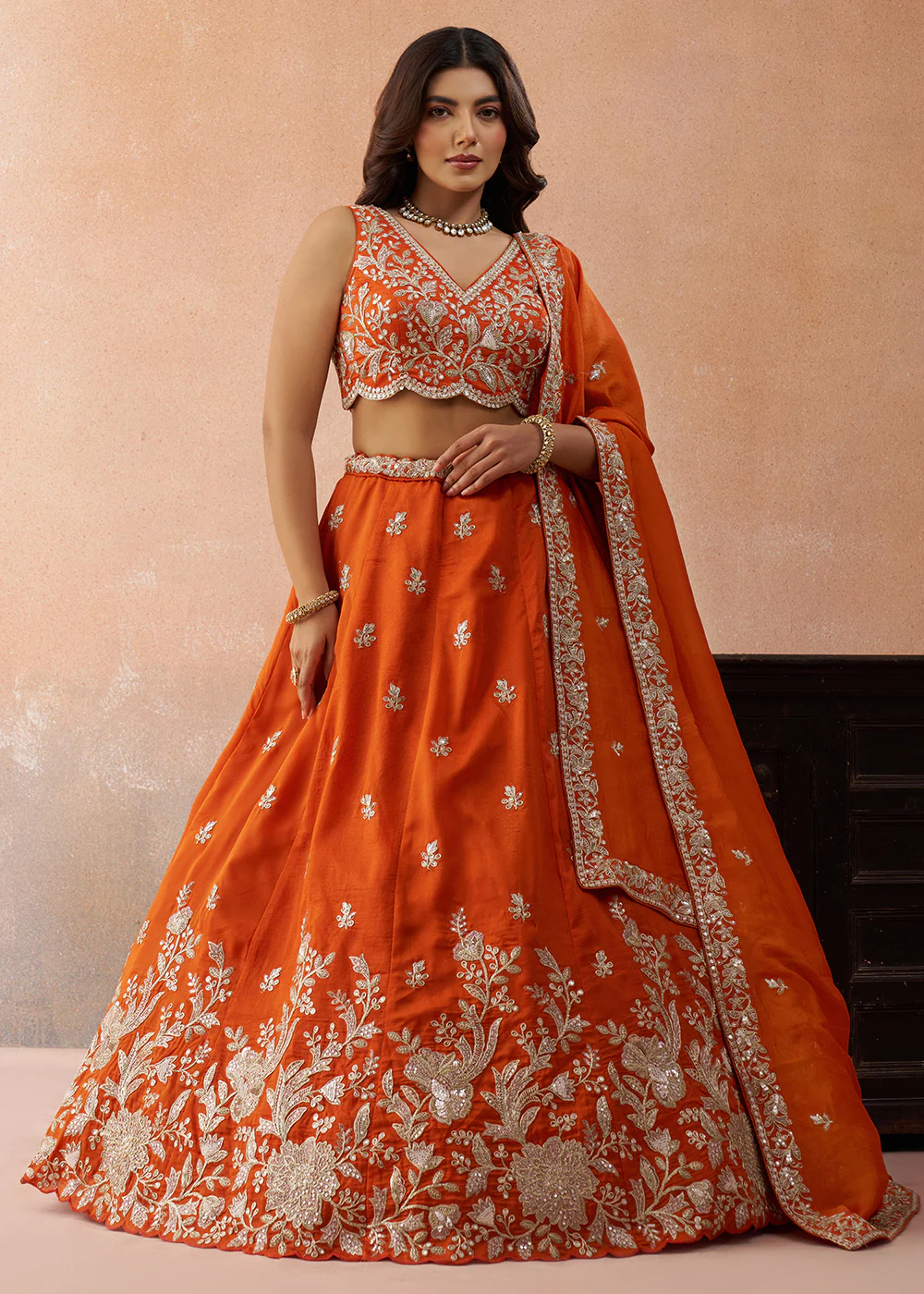 Sequins & Cording Threads Orange Tissue Lehenga Choli