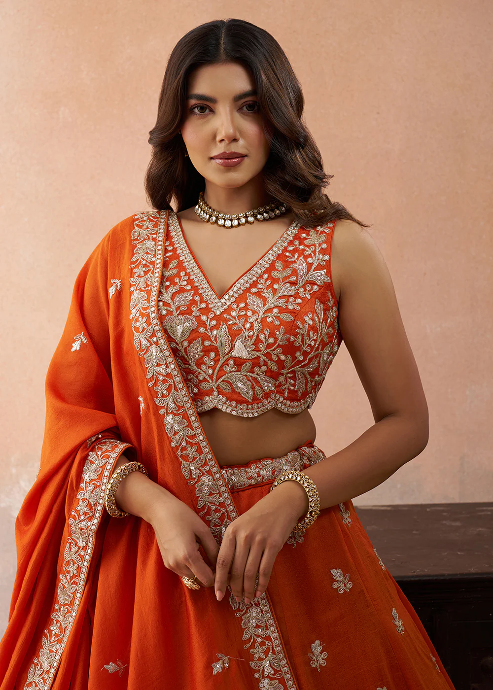 Sequins & Cording Threads Orange Tissue Lehenga Choli - Image 2