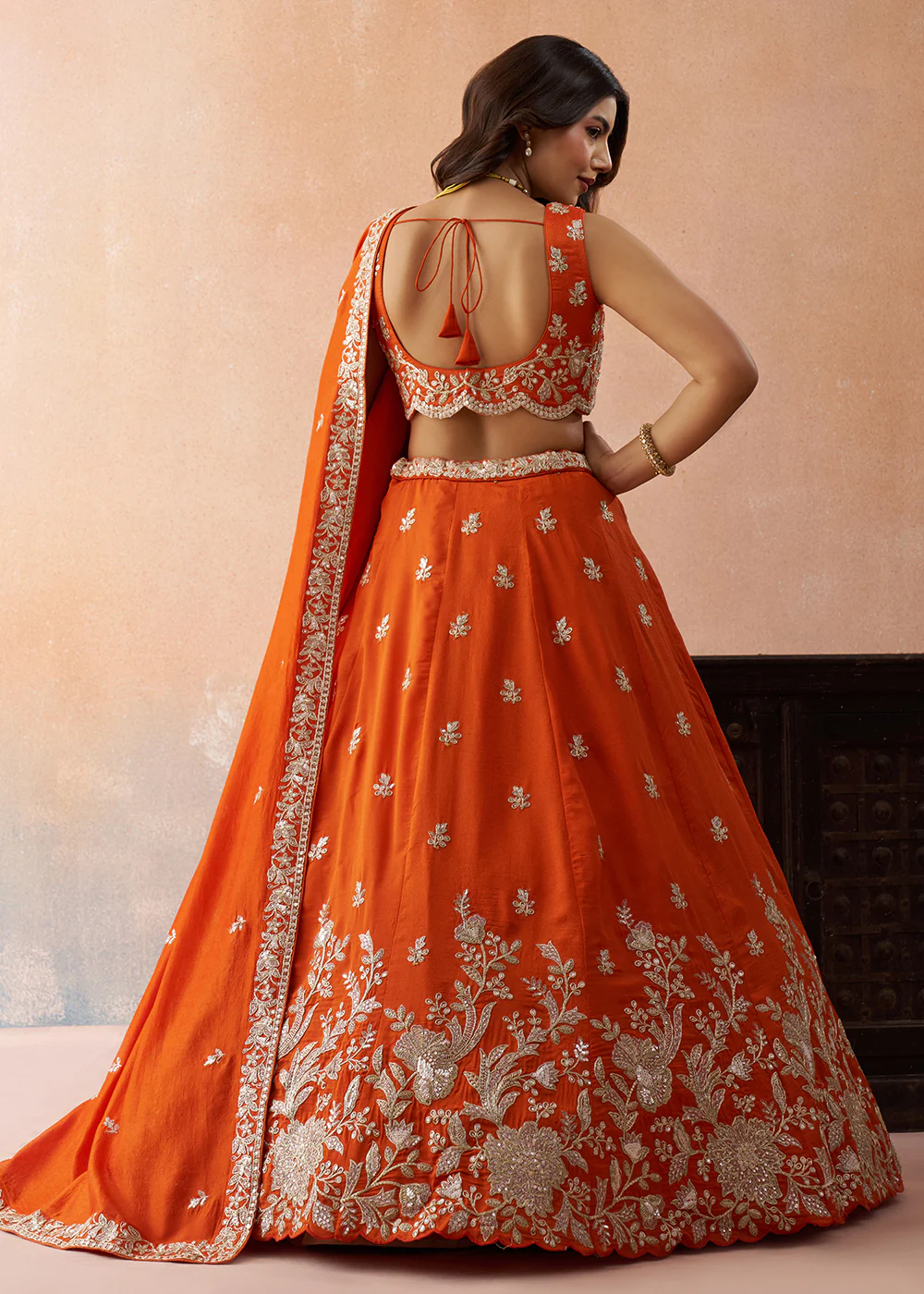 Sequins & Cording Threads Orange Tissue Lehenga Choli - Image 3