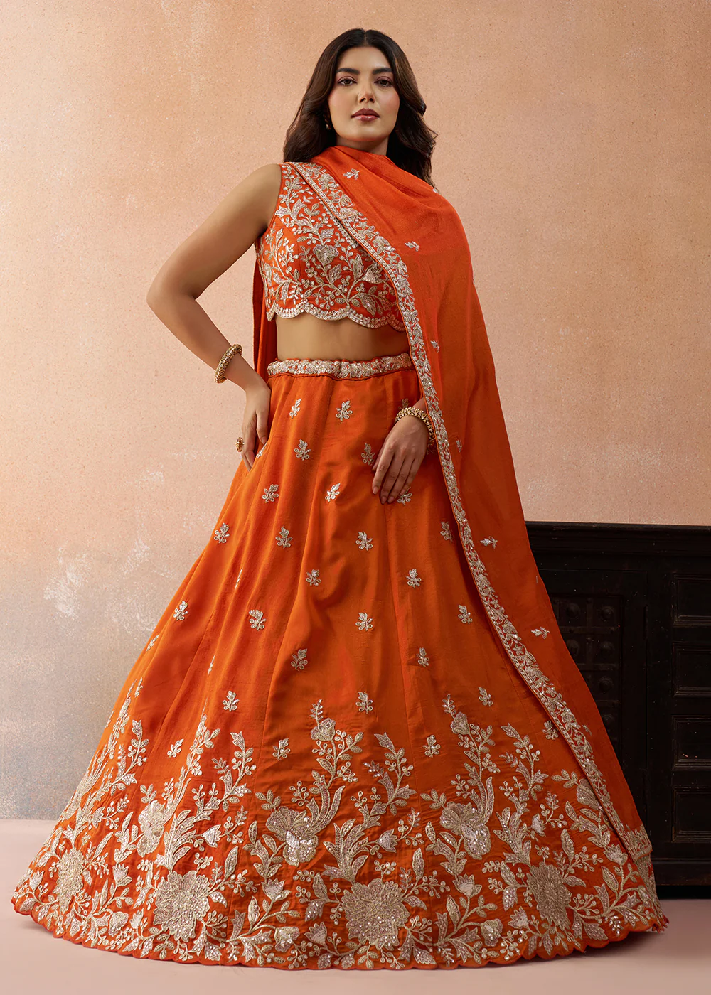 Sequins & Cording Threads Orange Tissue Lehenga Choli - Image 4