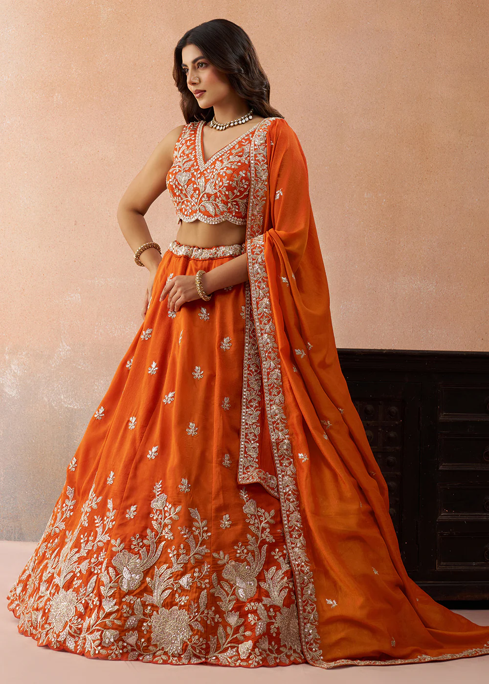 Sequins & Cording Threads Orange Tissue Lehenga Choli - Image 5
