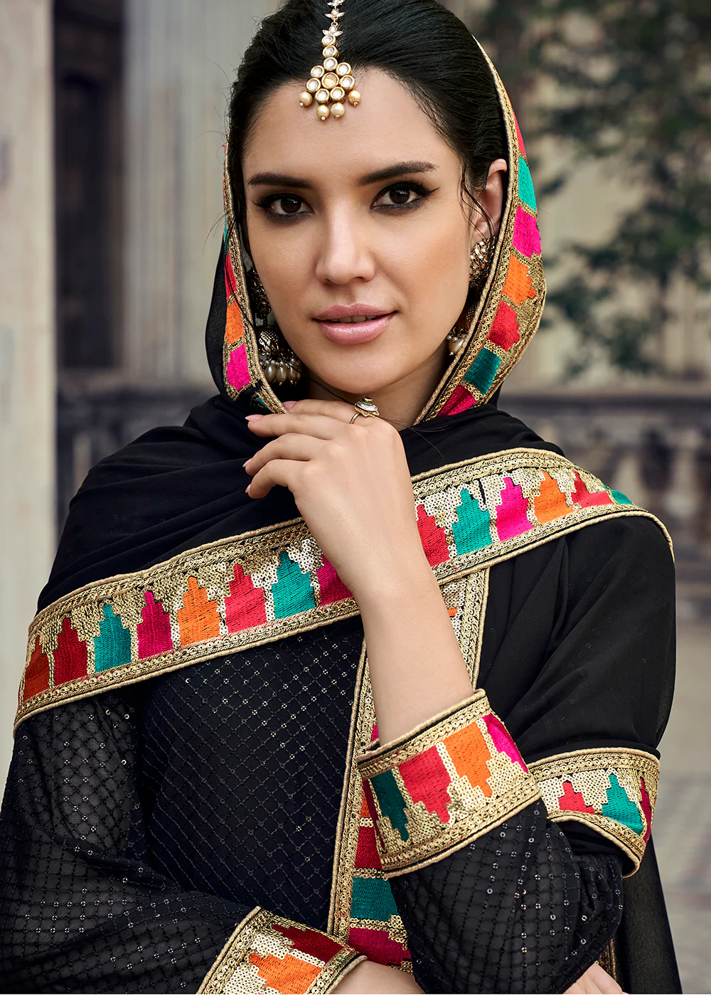 Sequins Embroidered Black Georgette Pant Style Suit - Image 2
