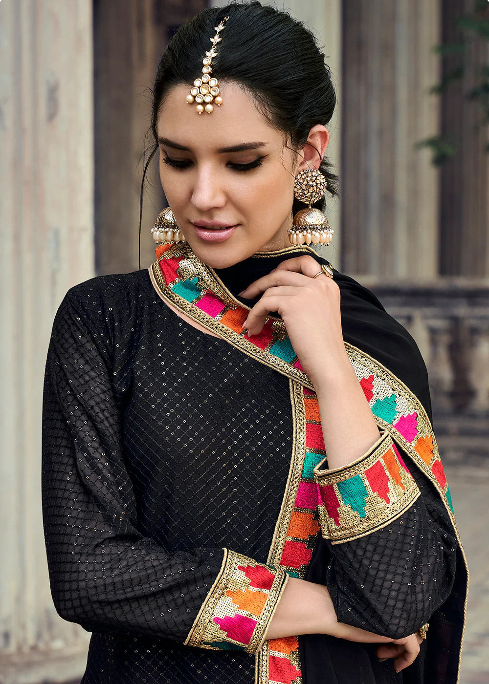 Sequins Embroidered Black Georgette Pant Style Suit - Image 3