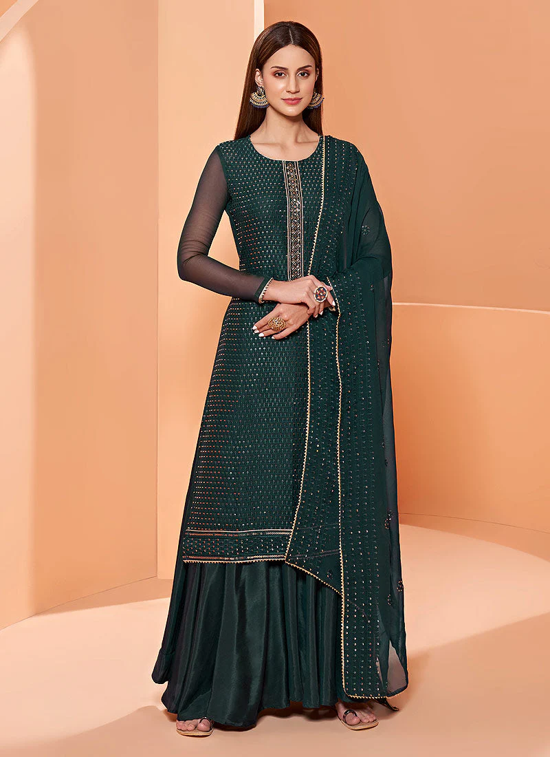 Sequins Embroidered Bottle Green Georgette Sharara Suit
