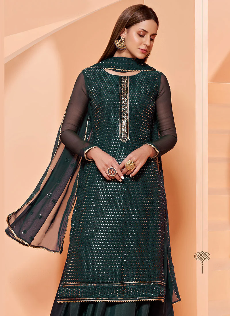 Sequins Embroidered Bottle Green Georgette Sharara Suit - Image 2
