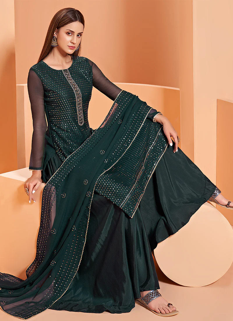 Sequins Embroidered Bottle Green Georgette Sharara Suit - Image 3