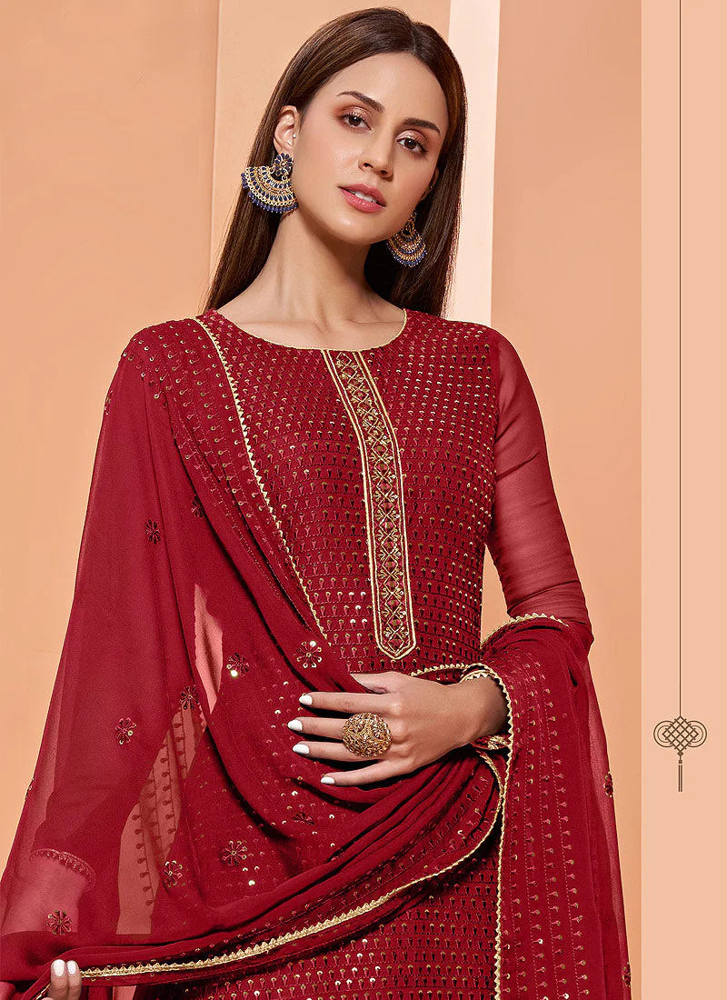 Sequins Embroidered Deep Red Georgette Sharara Suit - Image 2