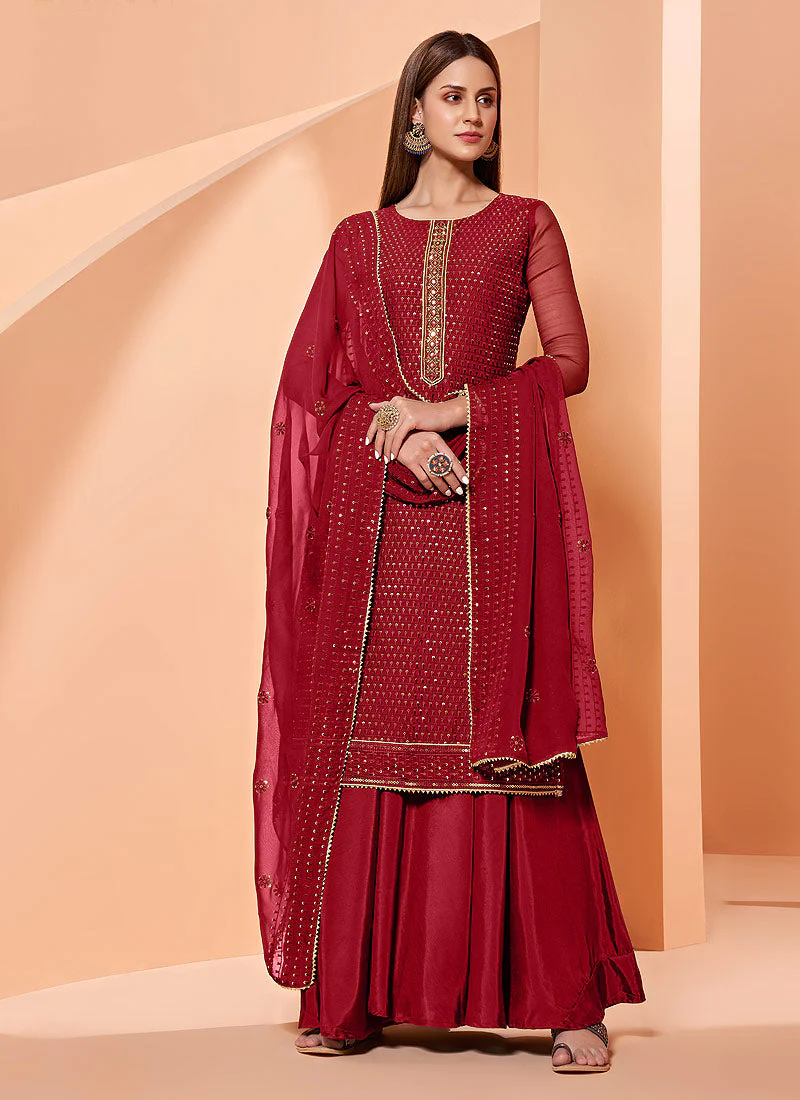 Sequins Embroidered Deep Red Georgette Sharara Suit - Image 3
