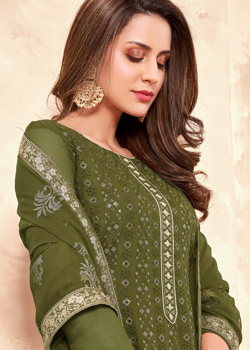 Sequins Embroidered Green Pakistani Style Suit - Image 2