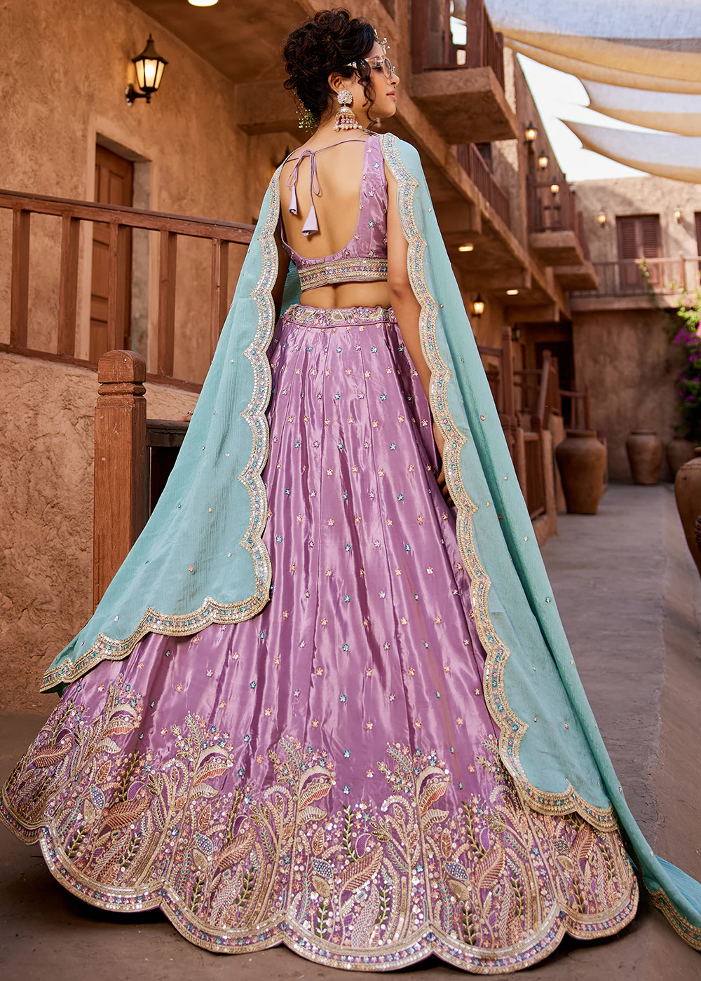 Sequins Embroidered Lavender Satin Silk Designer Lehenga Choli - Image 3