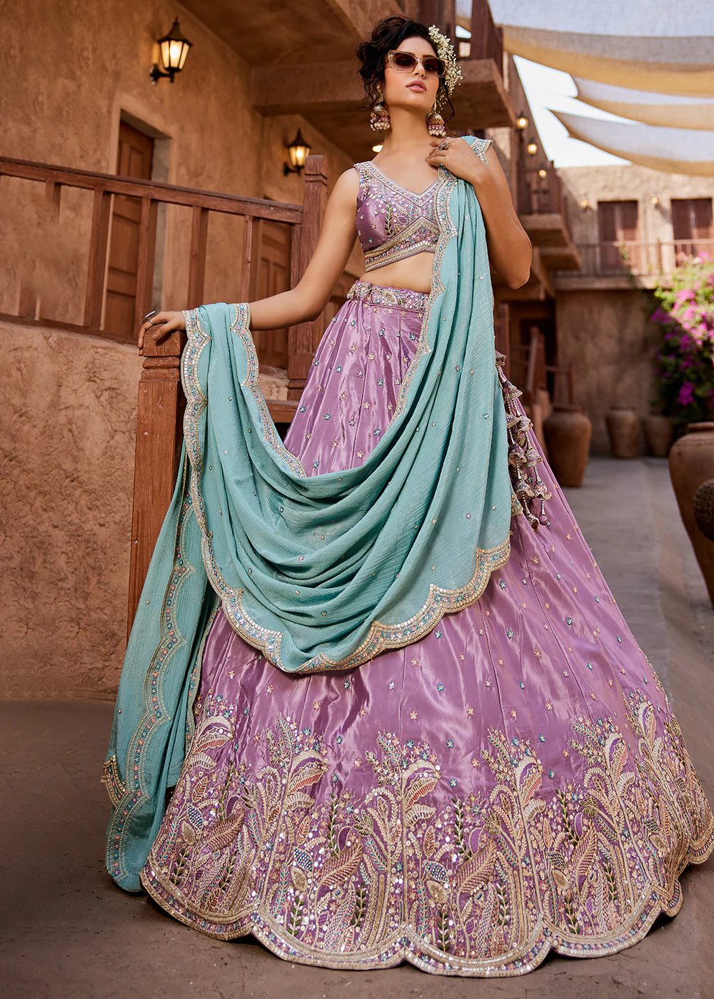 Sequins Embroidered Lavender Satin Silk Designer Lehenga Choli - Image 4