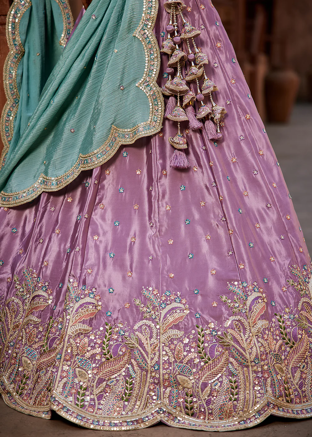 Sequins Embroidered Lavender Satin Silk Designer Lehenga Choli - Image 7