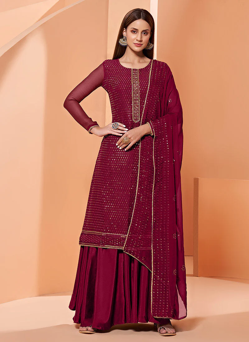 Sequins Embroidered Magenta Georgette Sharara Suit