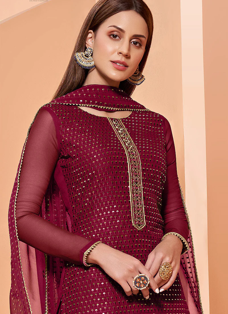 Sequins Embroidered Magenta Georgette Sharara Suit - Image 2
