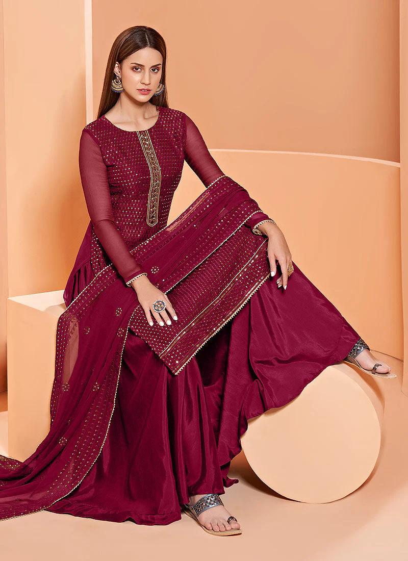 Sequins Embroidered Magenta Georgette Sharara Suit - Image 3