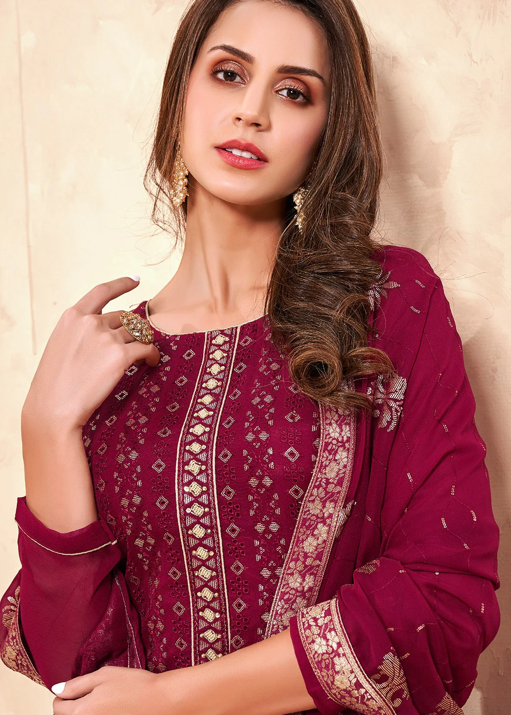 Sequins Embroidered Magenta Pakistani Style Suit - Image 2