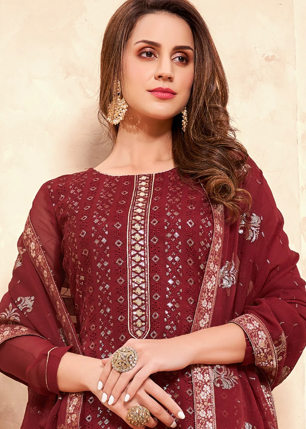 Sequins Embroidered Maroon Pakistani Style Suit - Image 2