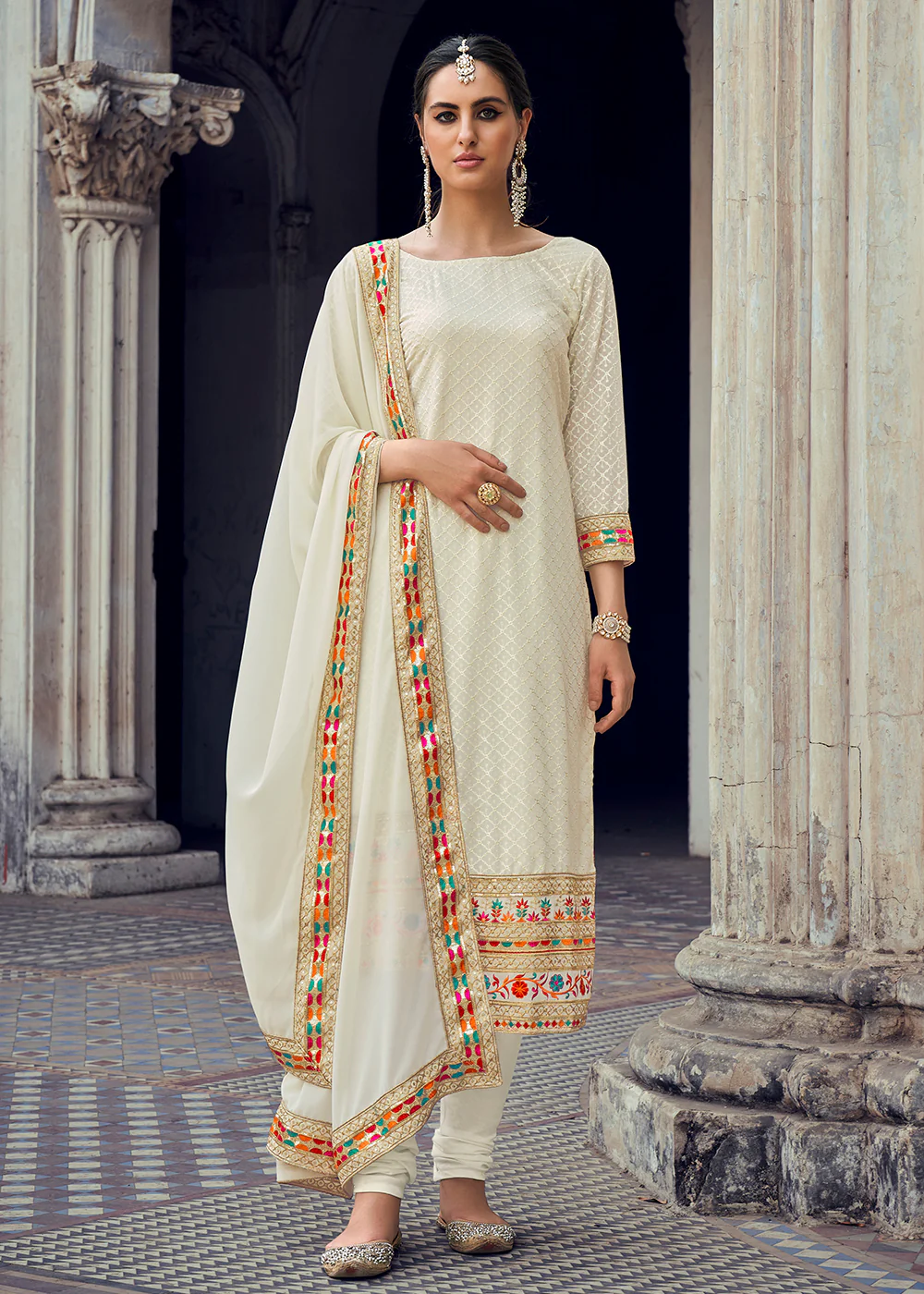 Sequins Embroidered Off White Georgette Pant Style Suit