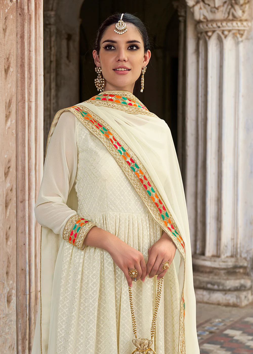 Sequins Embroidered Off White Georgette Traditional Anarkali - Image 2
