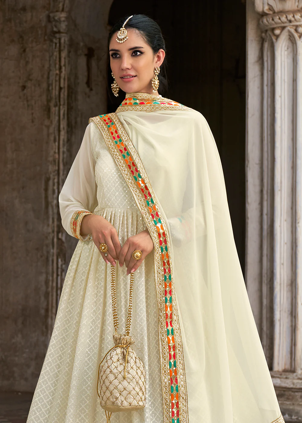 Sequins Embroidered Off White Georgette Traditional Anarkali - Image 3