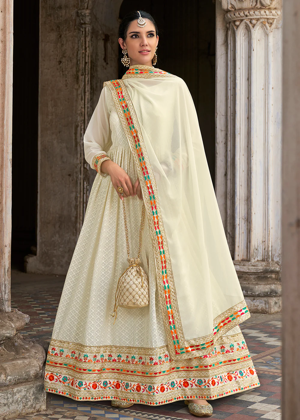 Sequins Embroidered Off White Georgette Traditional Anarkali - Image 4