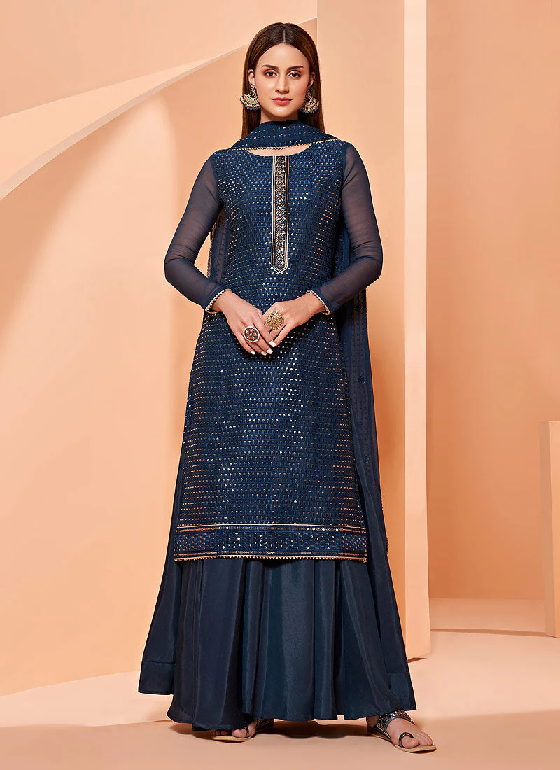 Sequins Embroidered Retro Blue Georgette Sharara Suit
