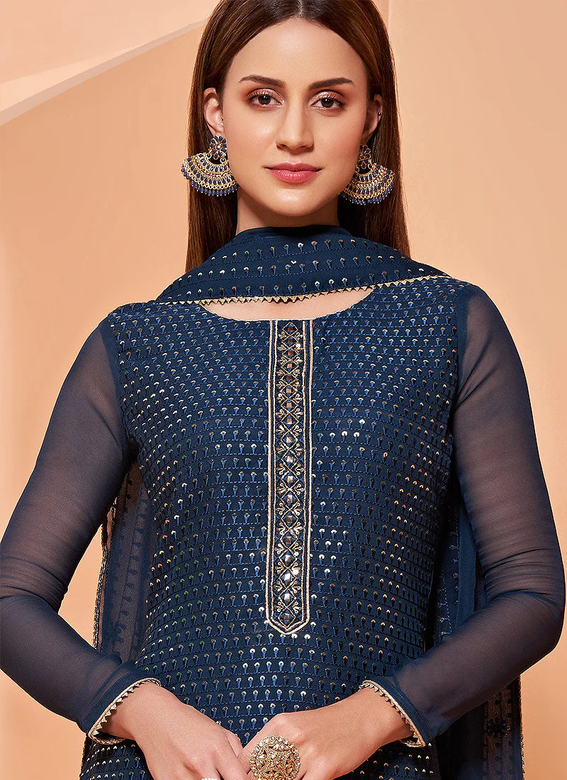 Sequins Embroidered Retro Blue Georgette Sharara Suit - Image 2