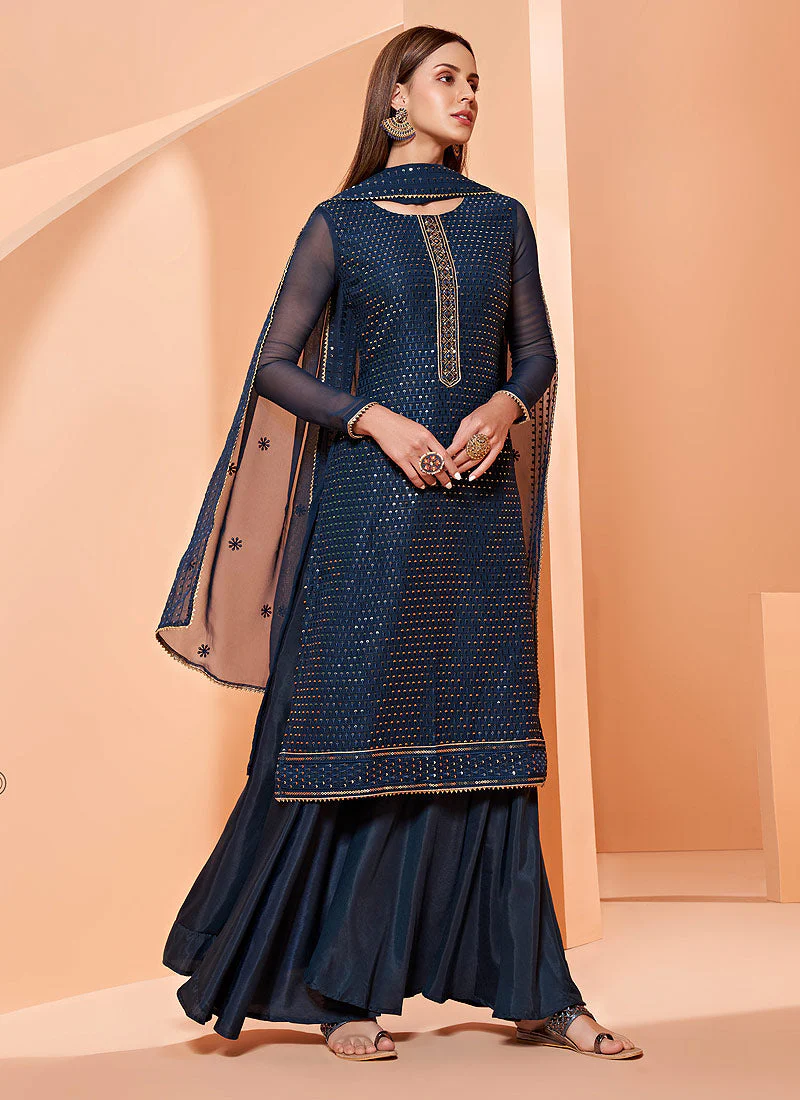 Sequins Embroidered Retro Blue Georgette Sharara Suit - Image 3