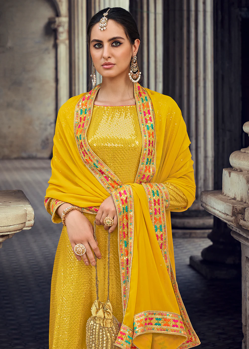 Sequins Embroidered Yellow Georgette Pant Style Suit - Image 2