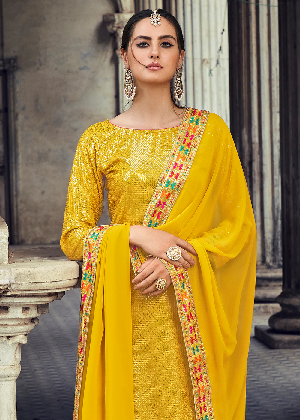 Sequins Embroidered Yellow Georgette Pant Style Suit - Image 4