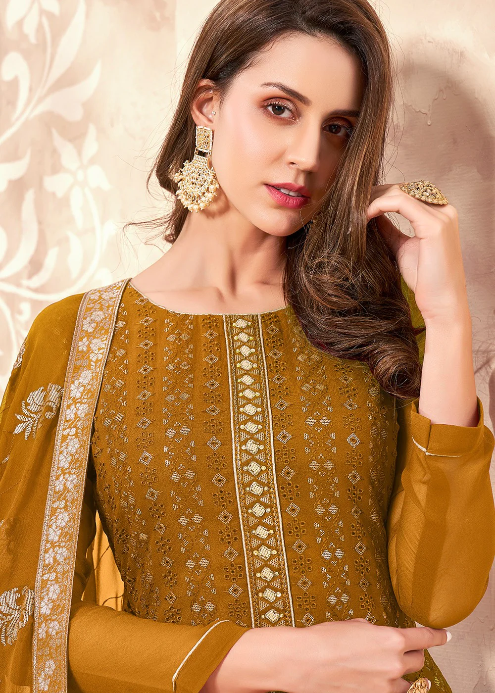 Sequins Embroidered Yellow Pakistani Style Suit - Image 2