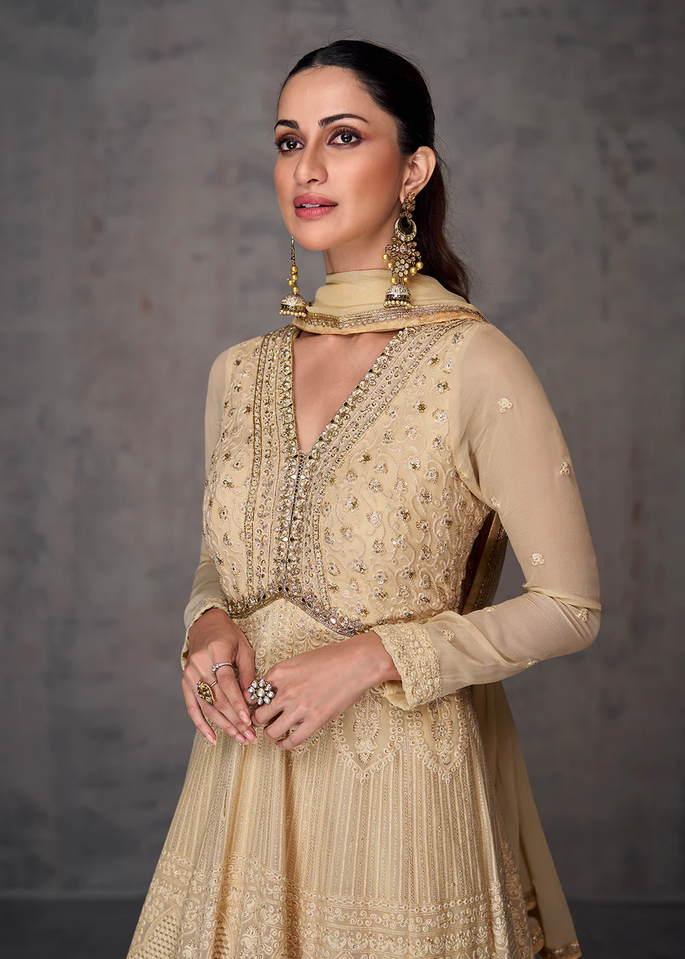 Sequins & Faux Mirror Embroidered Indian Wedding Gown in Beige - Image 3